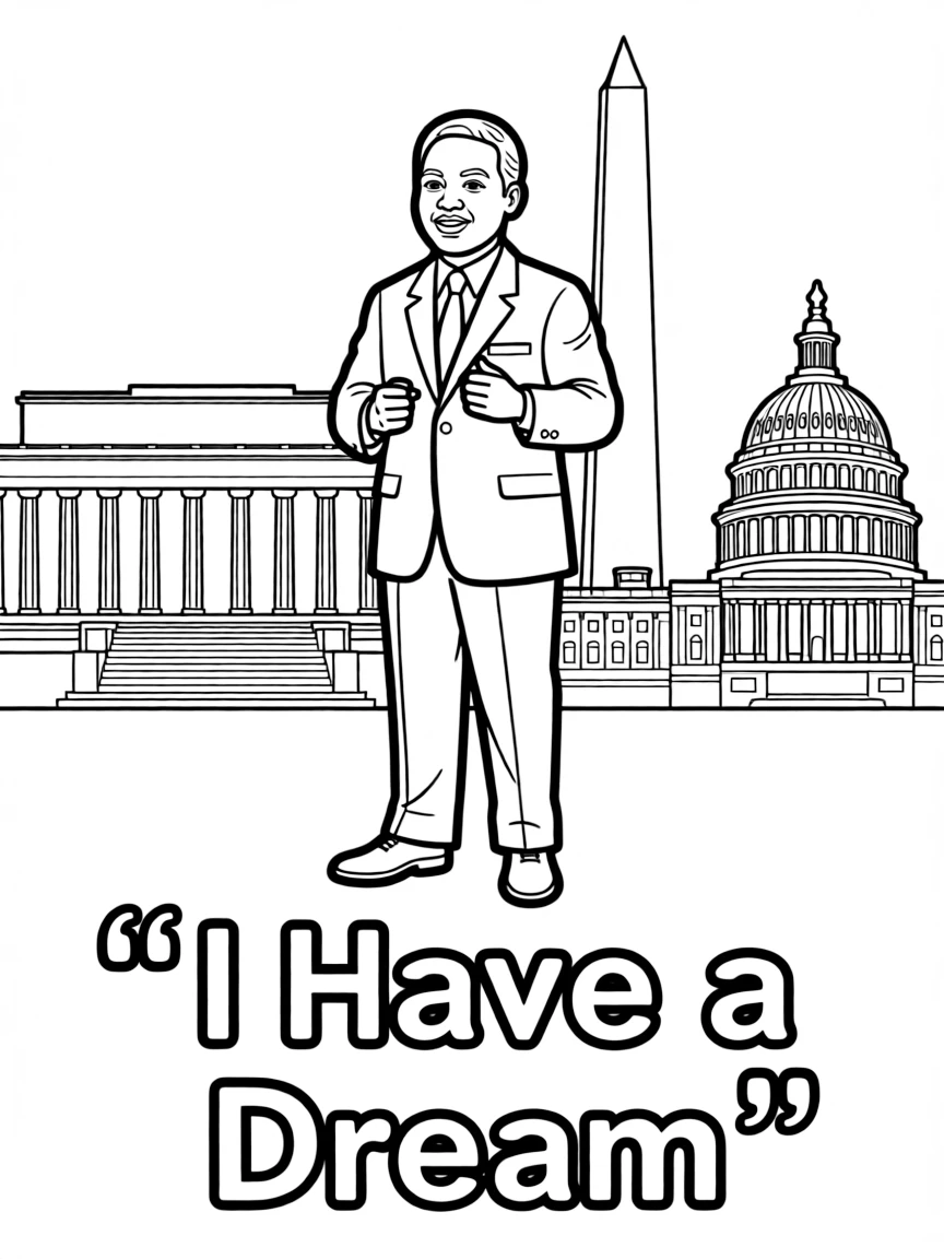 Martin Luther King Jr. standing proudly with historical landmarks in the background.