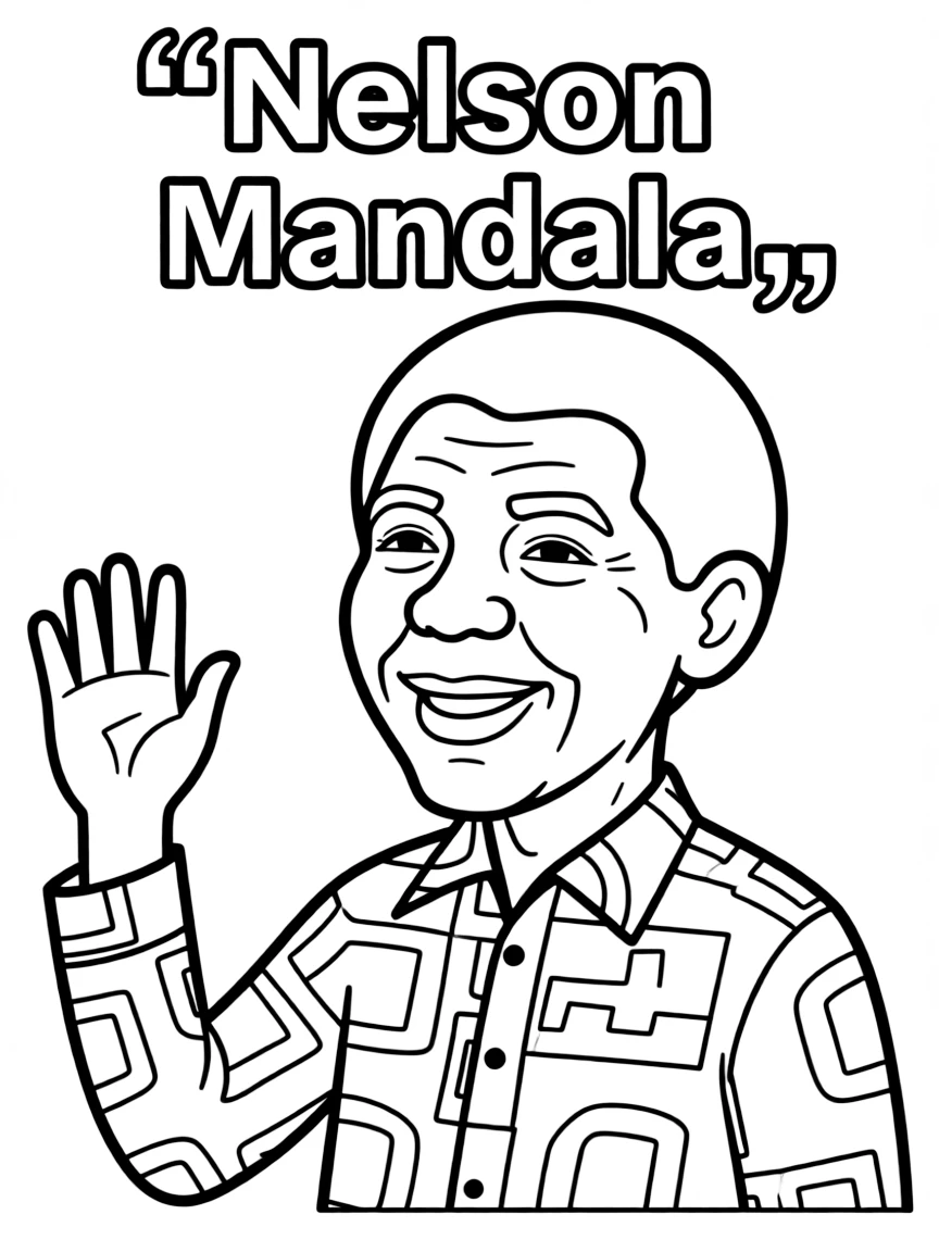 A cartoon-style drawing of Nelson Mandela.