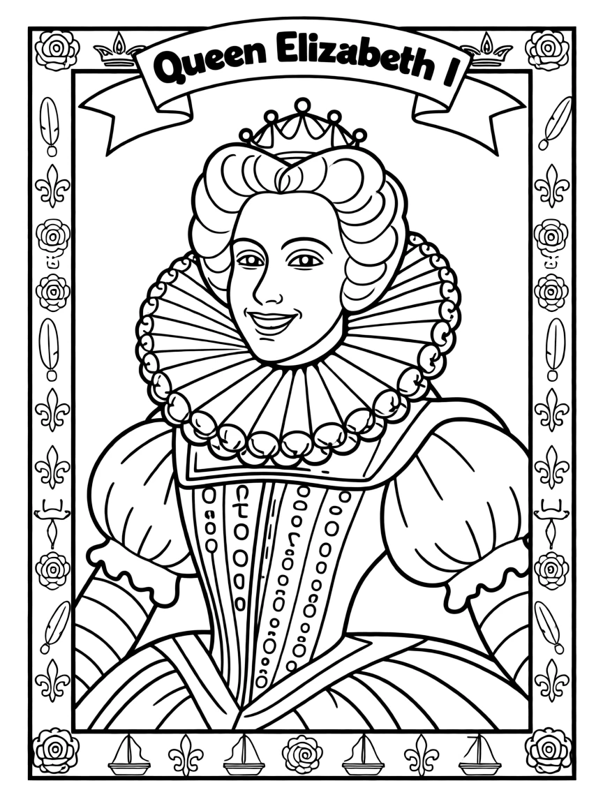 A portrait of Queen Elizabeth I with a big smile, framed with decorative borders and symbols of their time period.