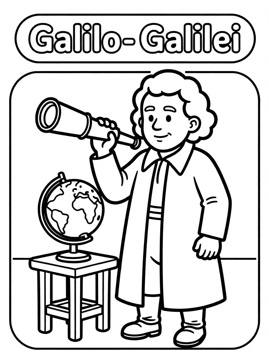 A cartoon-style drawing of Galileo Galilei.