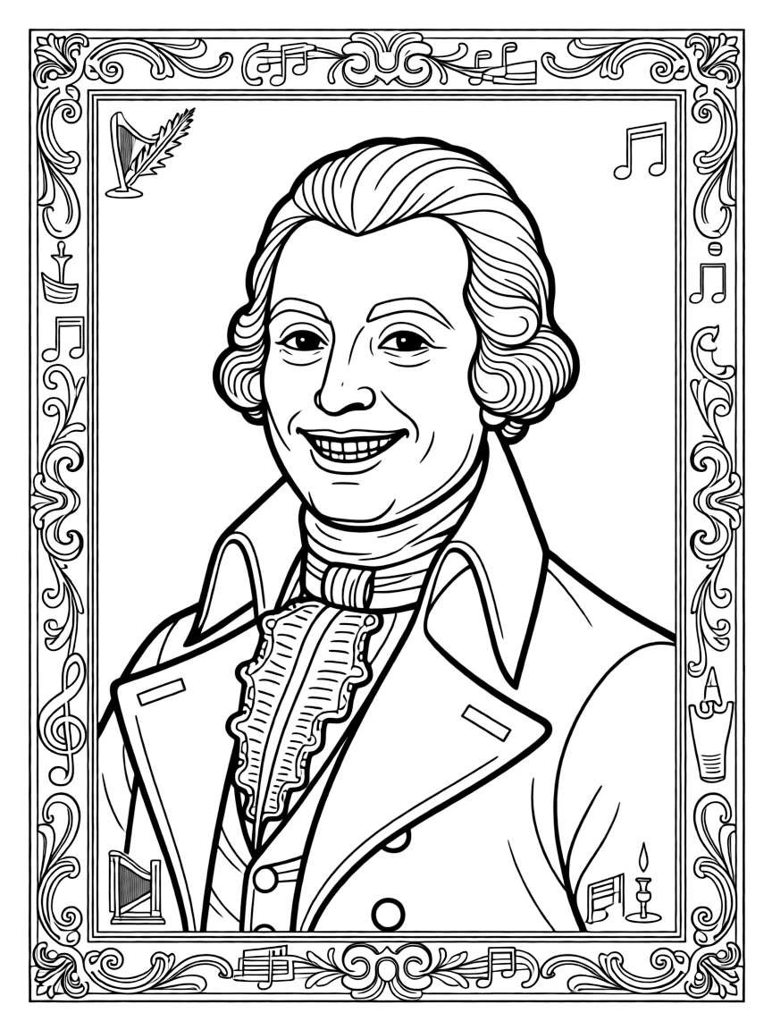 A portrait of Mozart with a big smile, framed with decorative borders and symbols of their time period.