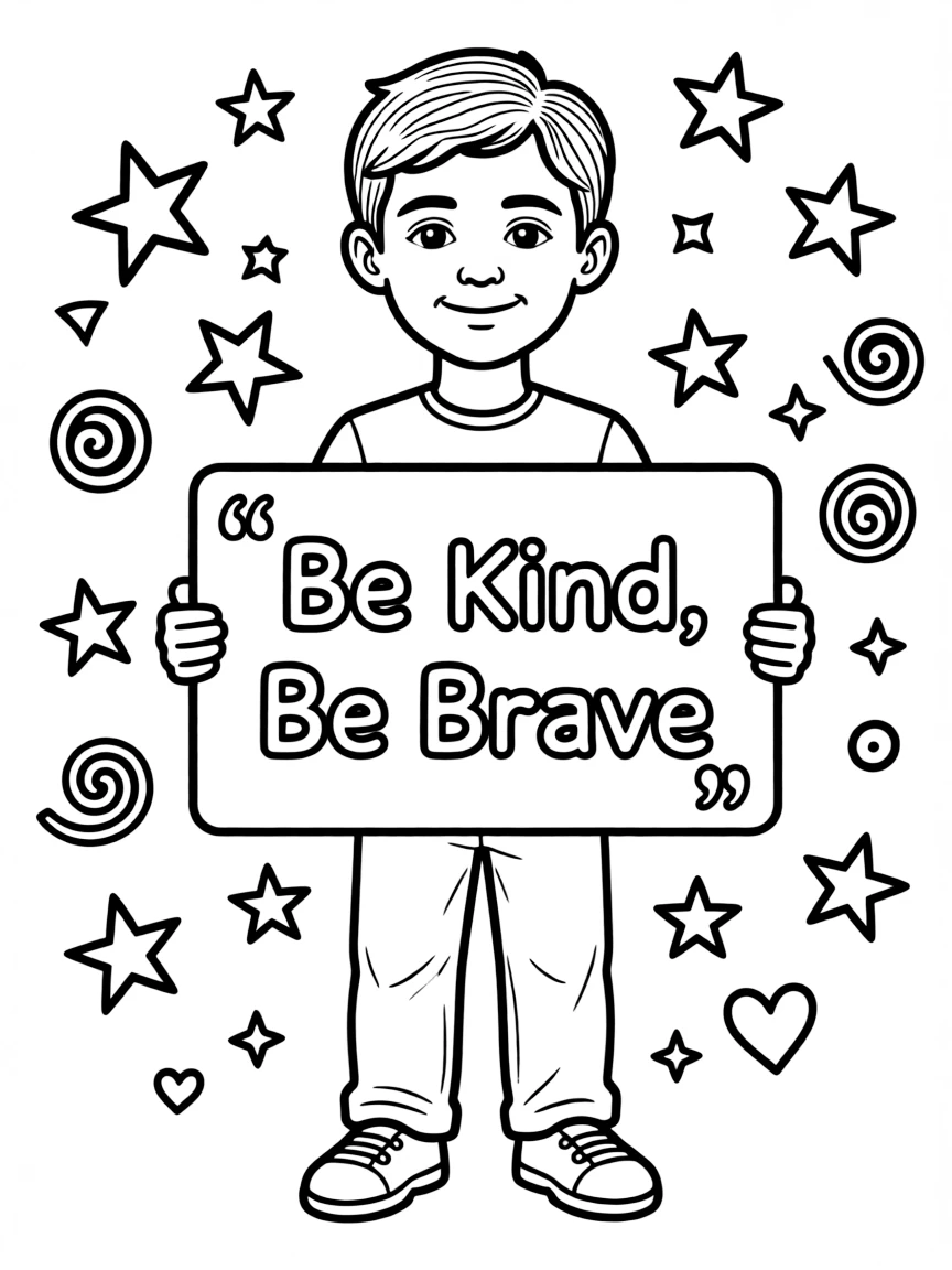 A cute coloring page of Pablo Picasso holding a sign about kindness or bravery, with stars and doodles around.