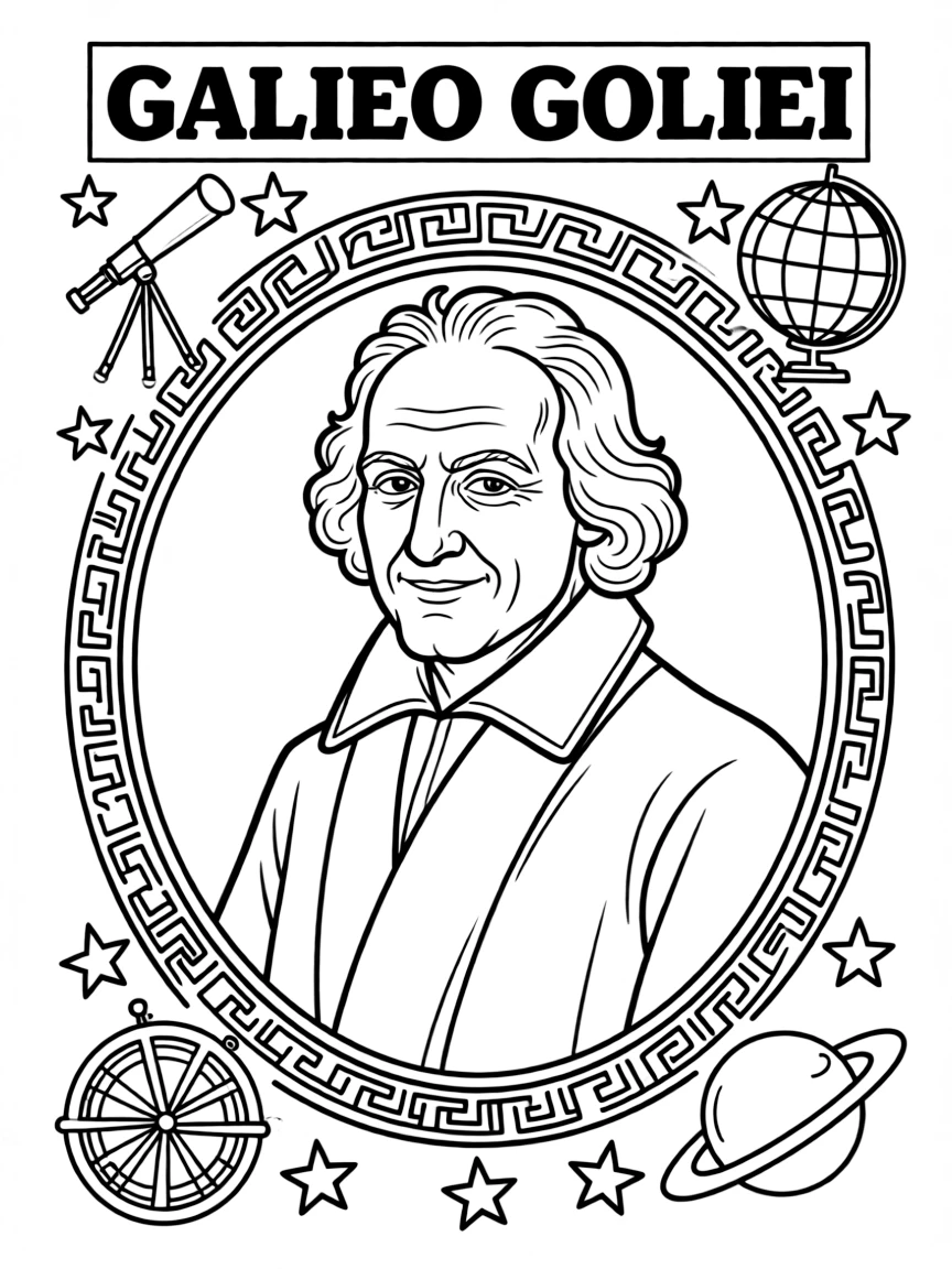 A portrait of Galileo Galilei with a big smile, framed with decorative borders and symbols of their time period.