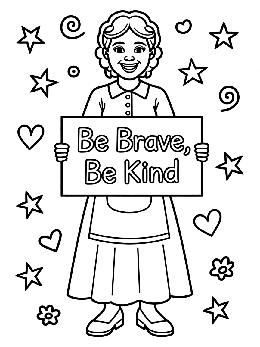 A cute coloring page of Harriet Tubman holding a sign about kindness or bravery, with stars and doodles around.