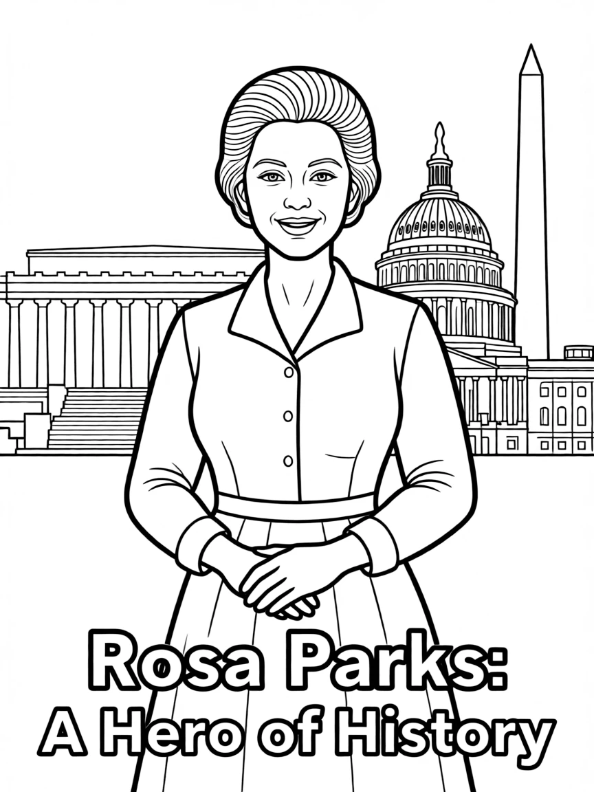 Rosa Parks standing proudly with historical landmarks in the background.