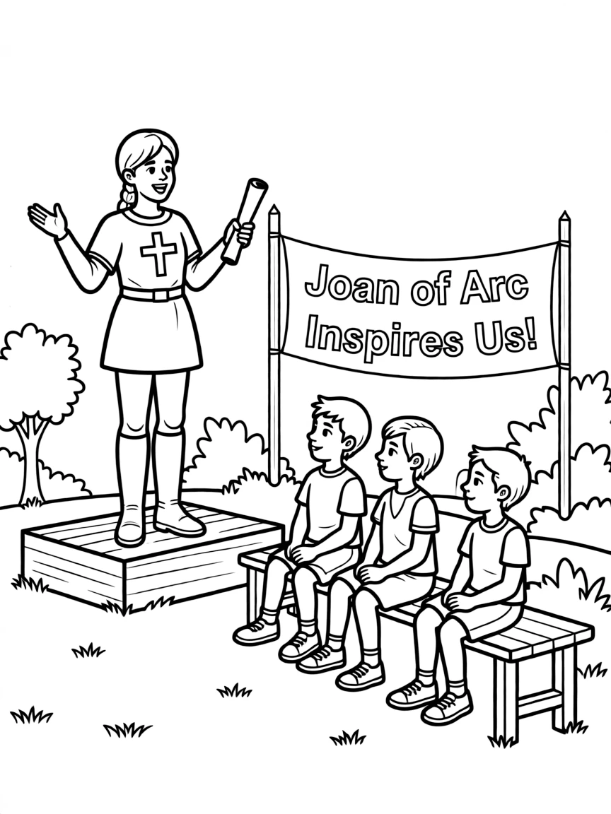 A fun coloring page of Joan of Arc giving a speech to children.
