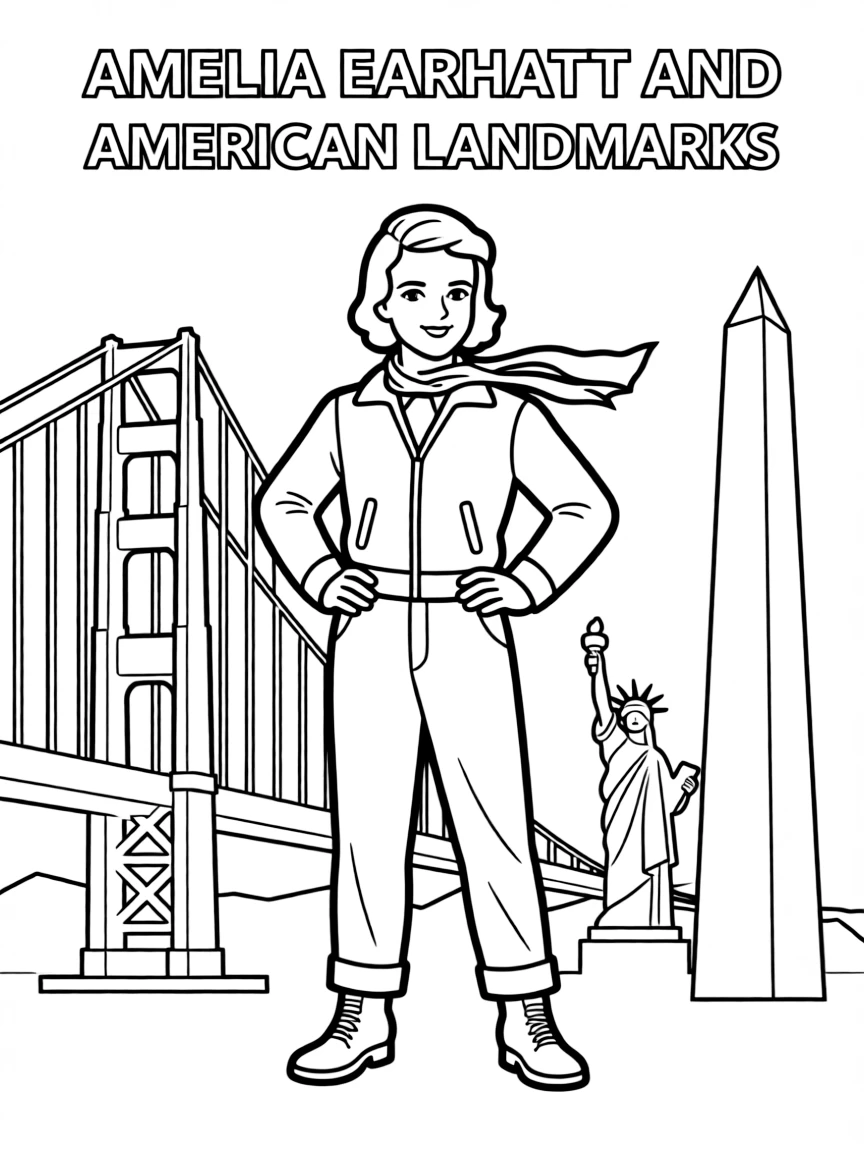 Amelia Earhart standing proudly with historical landmarks in the background.