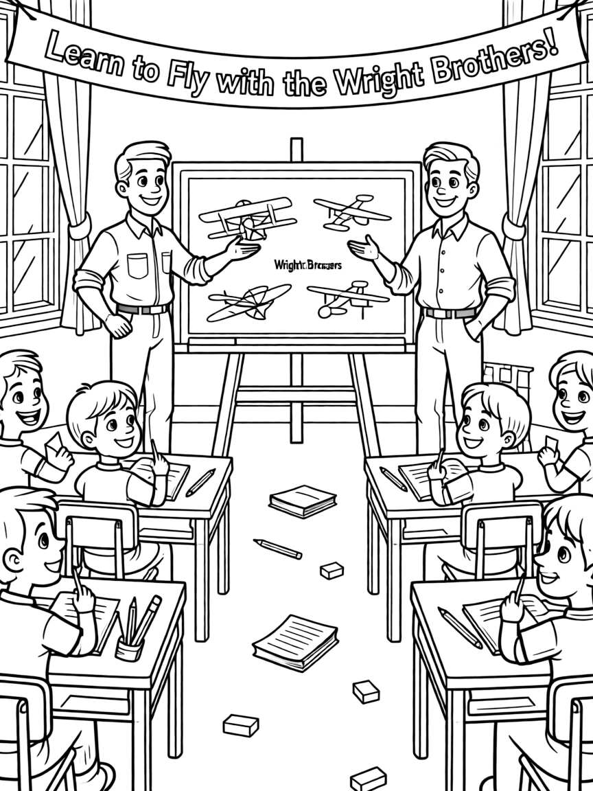 The Wright Brothers teaching children, with educational items like chalkboards and pencils, in a friendly classroom scene.
