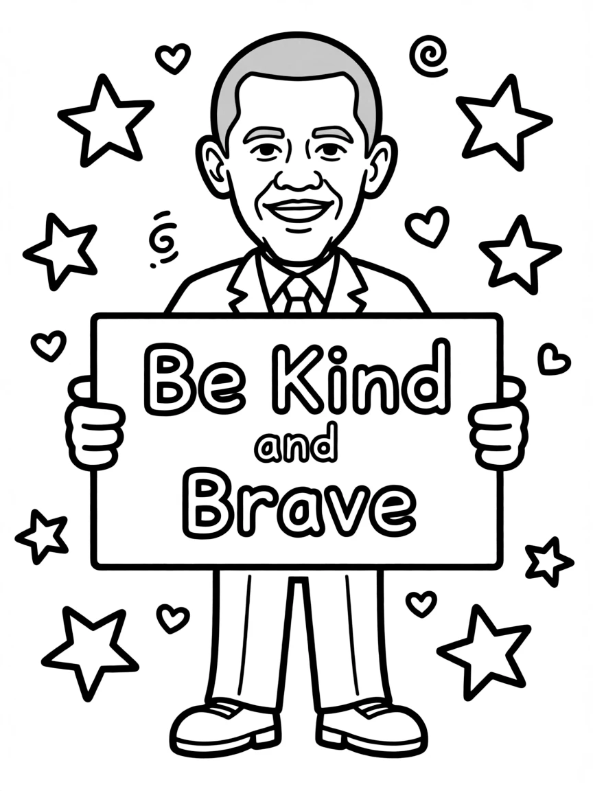 A cute coloring page of Barack Obama holding a sign about kindness or bravery, with stars and doodles around.