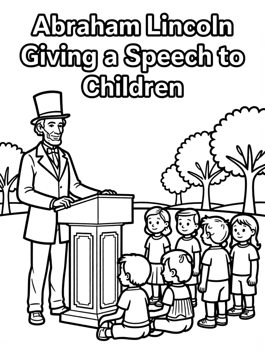 A fun coloring page of Abraham Lincoln giving a speech to children.