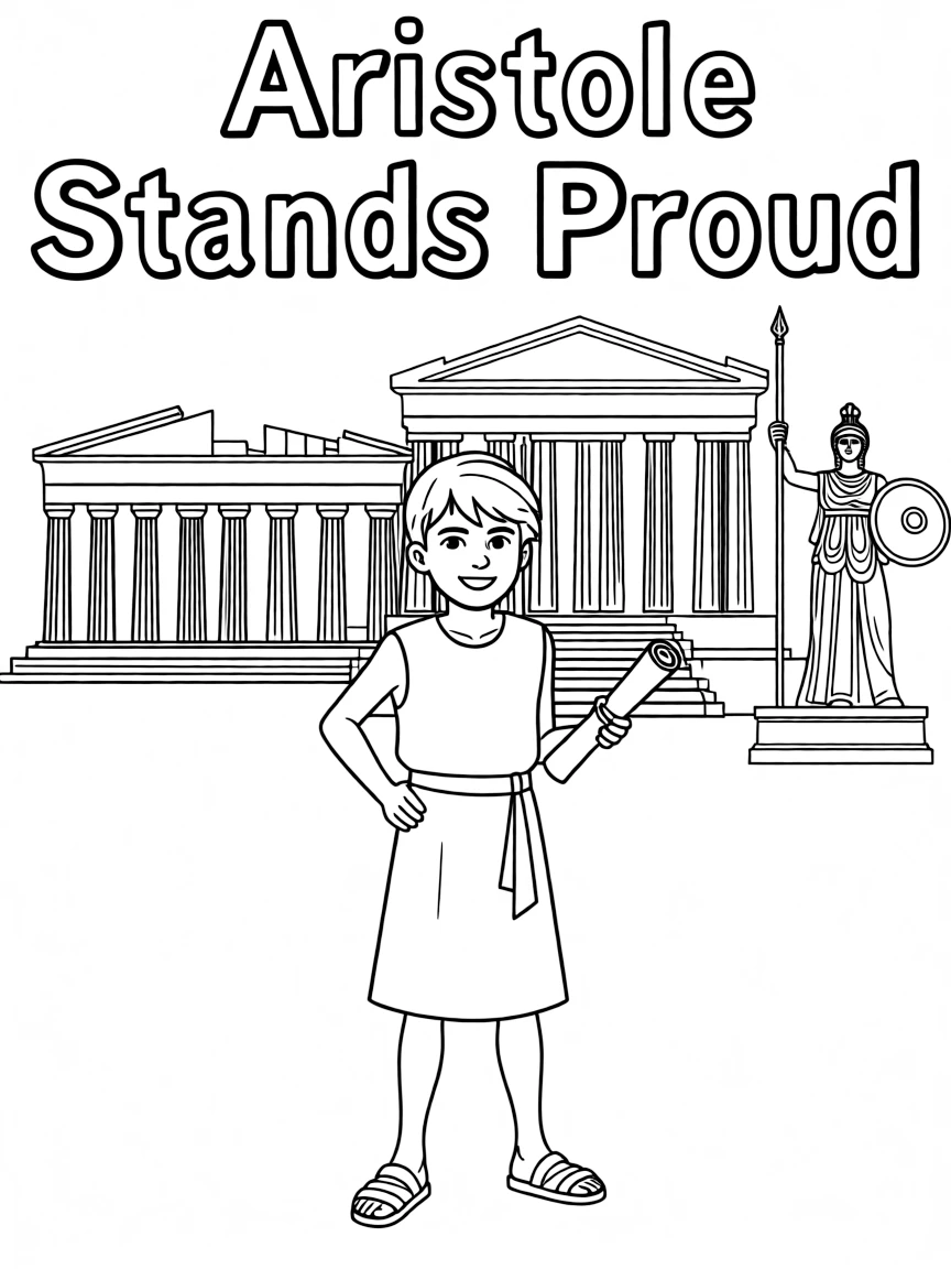 Aristotle standing proudly with historical landmarks in the background.