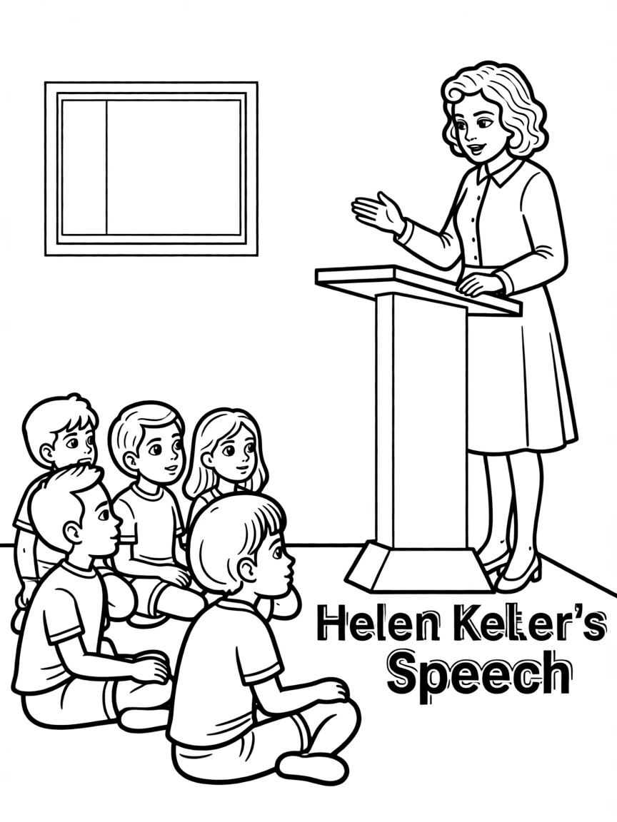A fun coloring page of Helen Keller giving a speech to children.