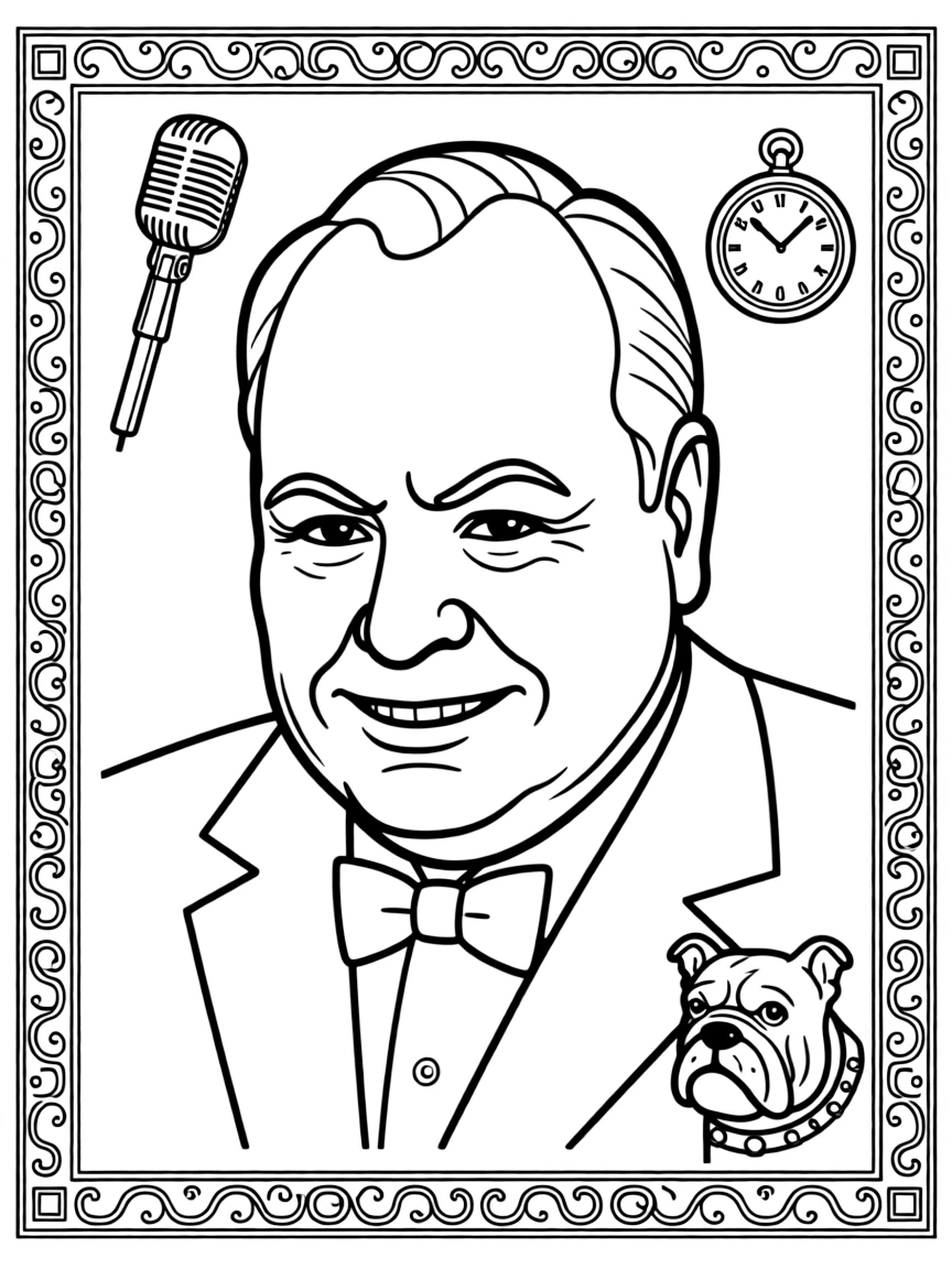 A portrait of Winston Churchill with a big smile, framed with decorative borders and symbols of their time period.