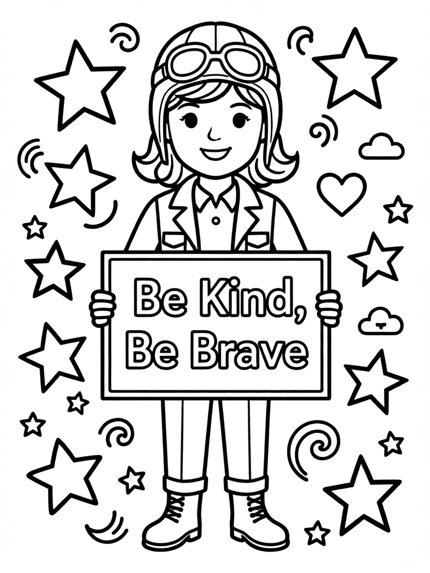 A cute coloring page of Amelia Earhart holding a sign about kindness or bravery, with stars and doodles around.