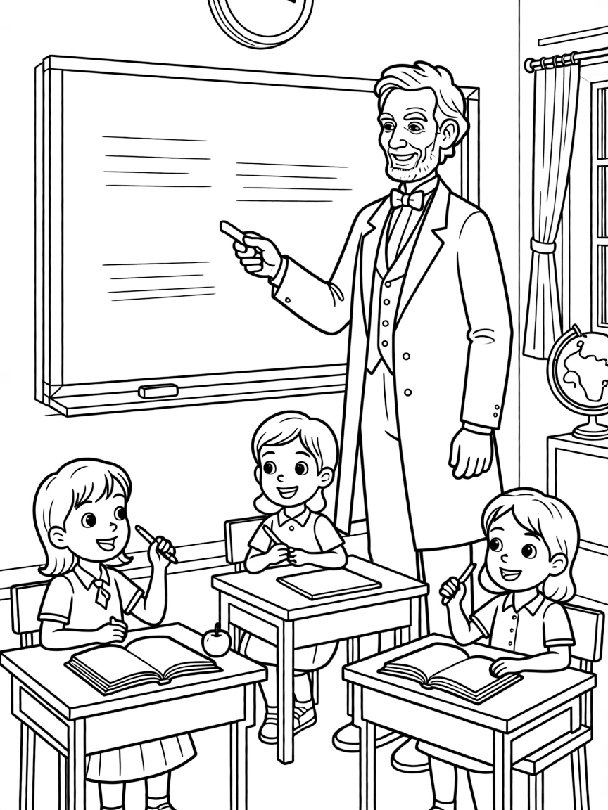 Abraham Lincoln teaching children, with educational items like chalkboards and pencils, in a friendly classroom scene.