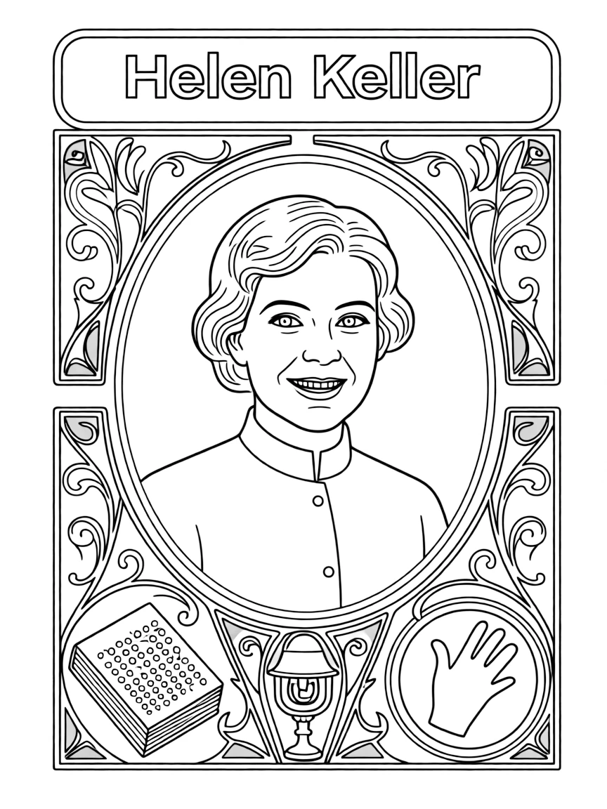 A portrait of Helen Keller with a big smile, framed with decorative borders and symbols of their time period.