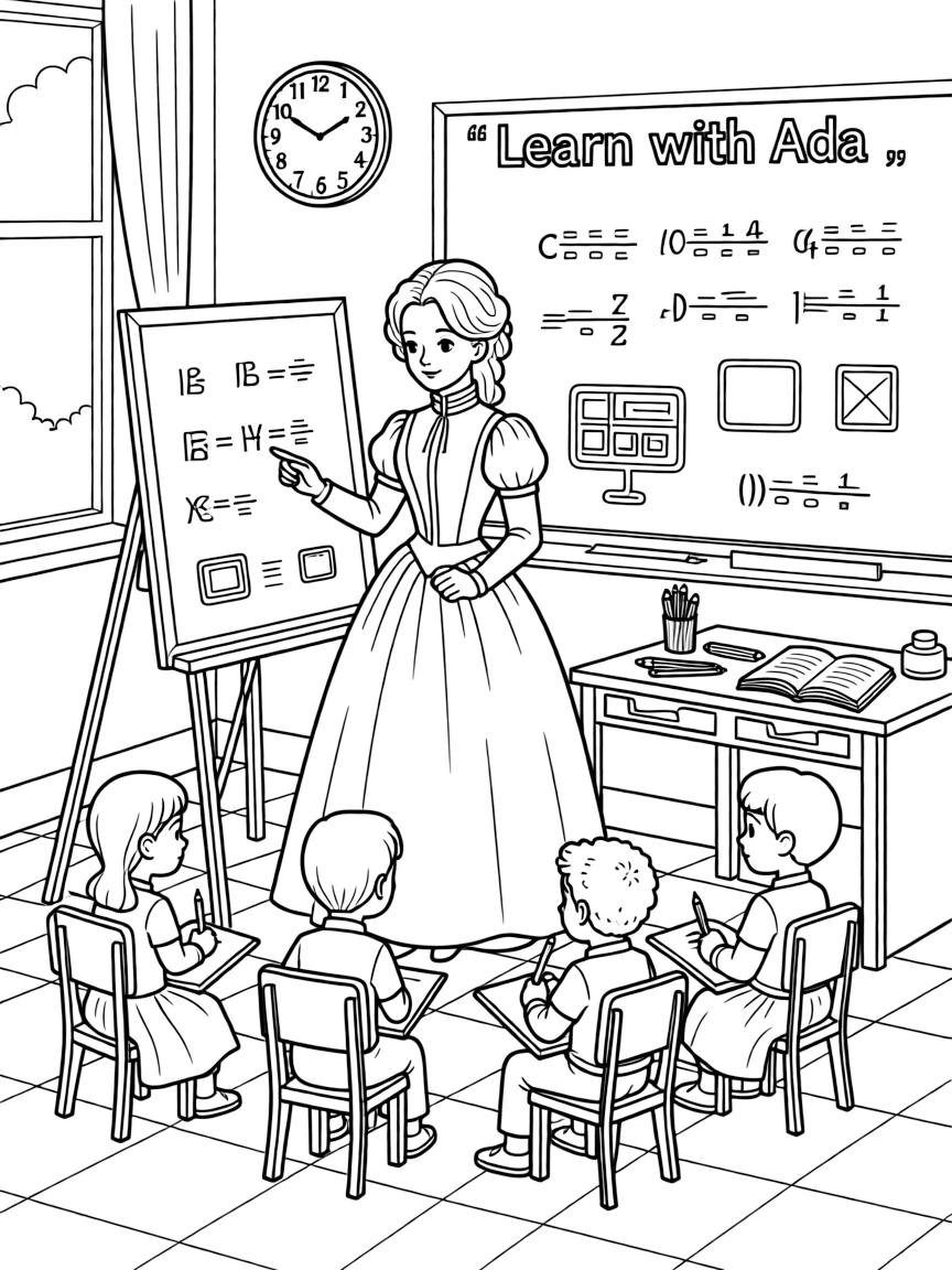 Ada Lovelace teaching children, with educational items like chalkboards and pencils, in a friendly classroom scene.