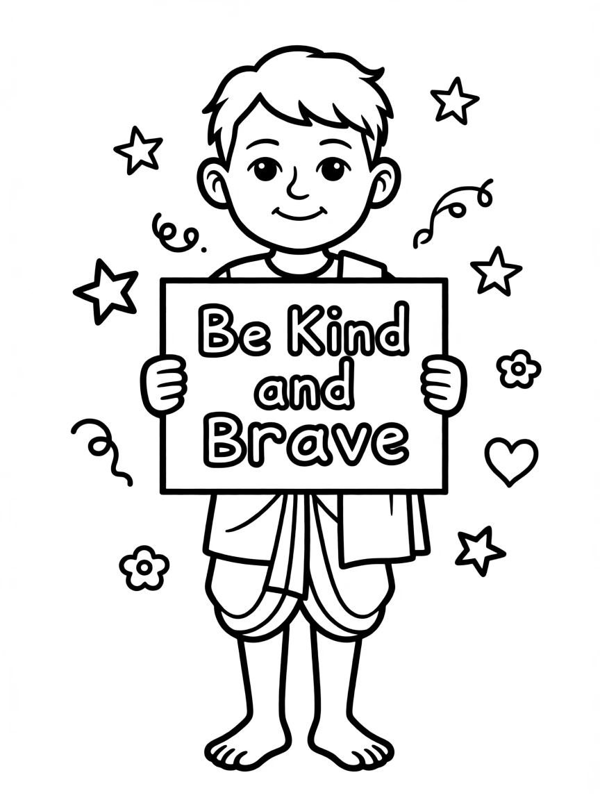 A cute coloring page of Mahatma Gandhi holding a sign about kindness or bravery, with stars and doodles around.