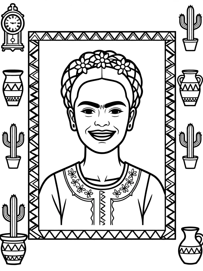 A portrait of Frida Kahlo with a big smile, framed with decorative borders and symbols of their time period.