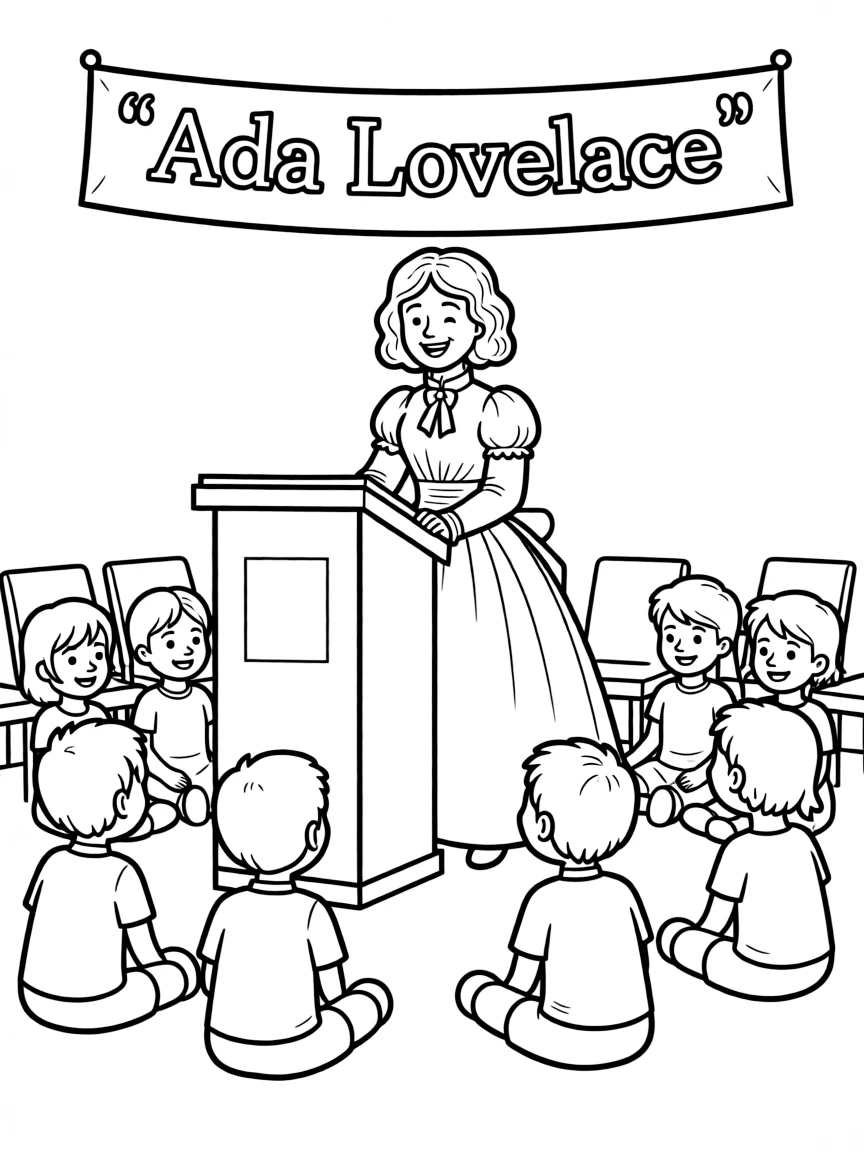 A fun coloring page of Ada Lovelace giving a speech to children.