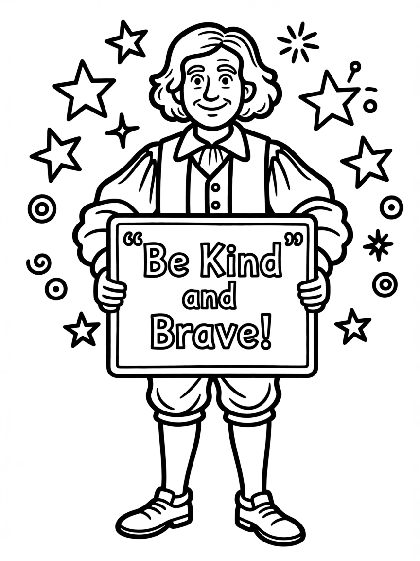 A cute coloring page of Galileo Galilei holding a sign about kindness or bravery, with stars and doodles around.