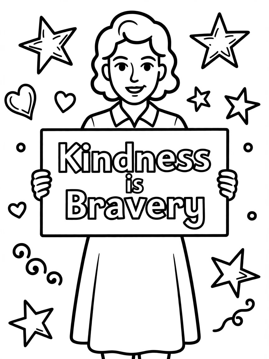 A cute coloring page of Rosa Parks holding a sign about kindness or bravery, with stars and doodles around.