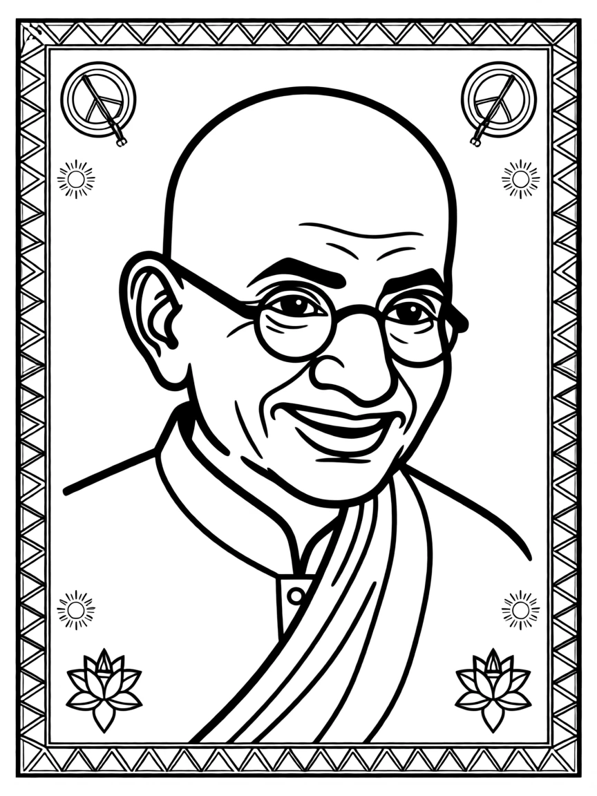 A portrait of Mahatma Gandhi with a big smile, framed with decorative borders and symbols of their time period.