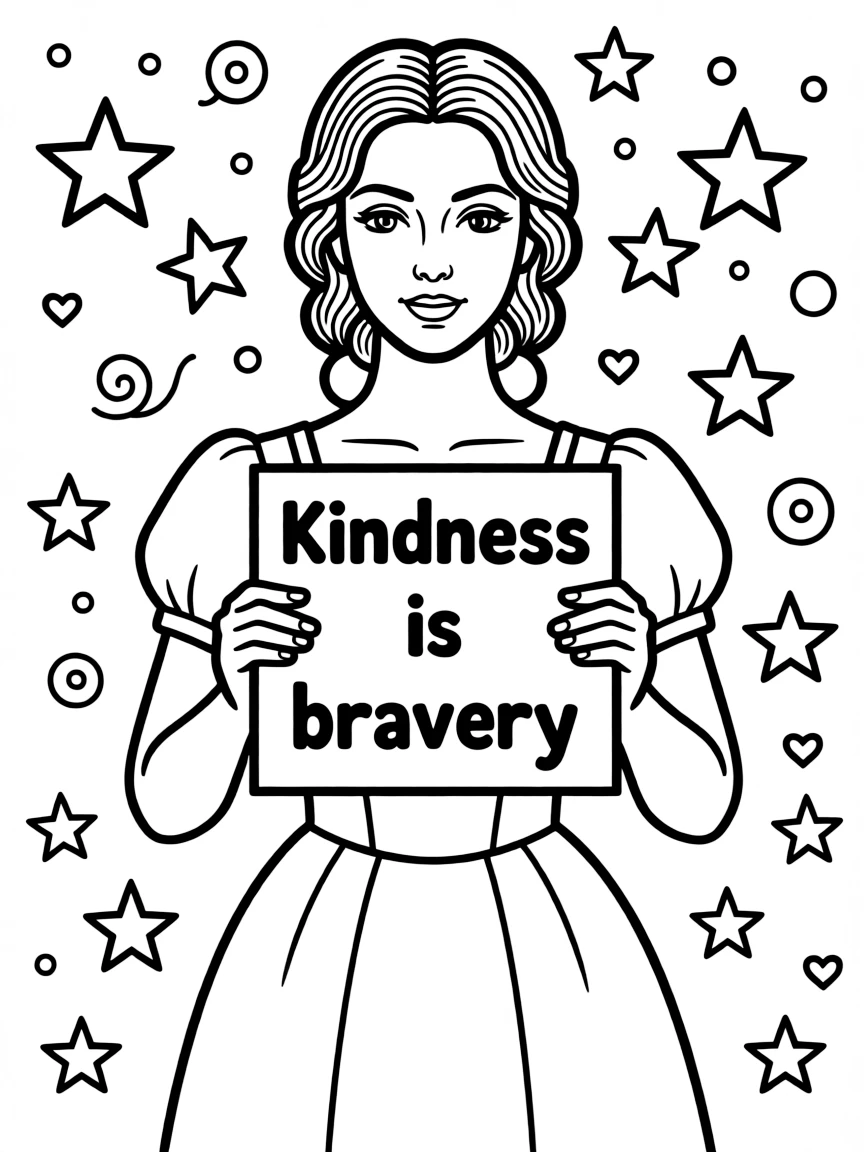 A cute coloring page of Jane Austen holding a sign about kindness or bravery, with stars and doodles around.