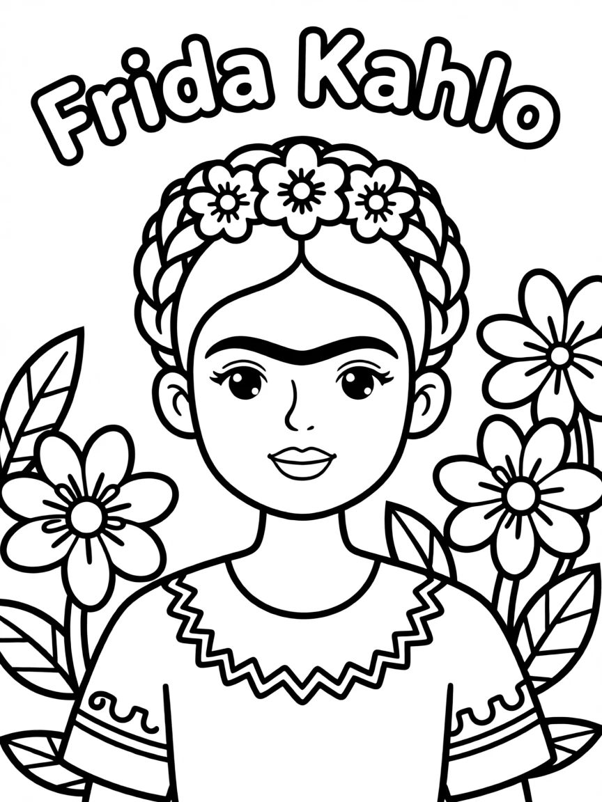 A cartoon-style drawing of Frida Kahlo.