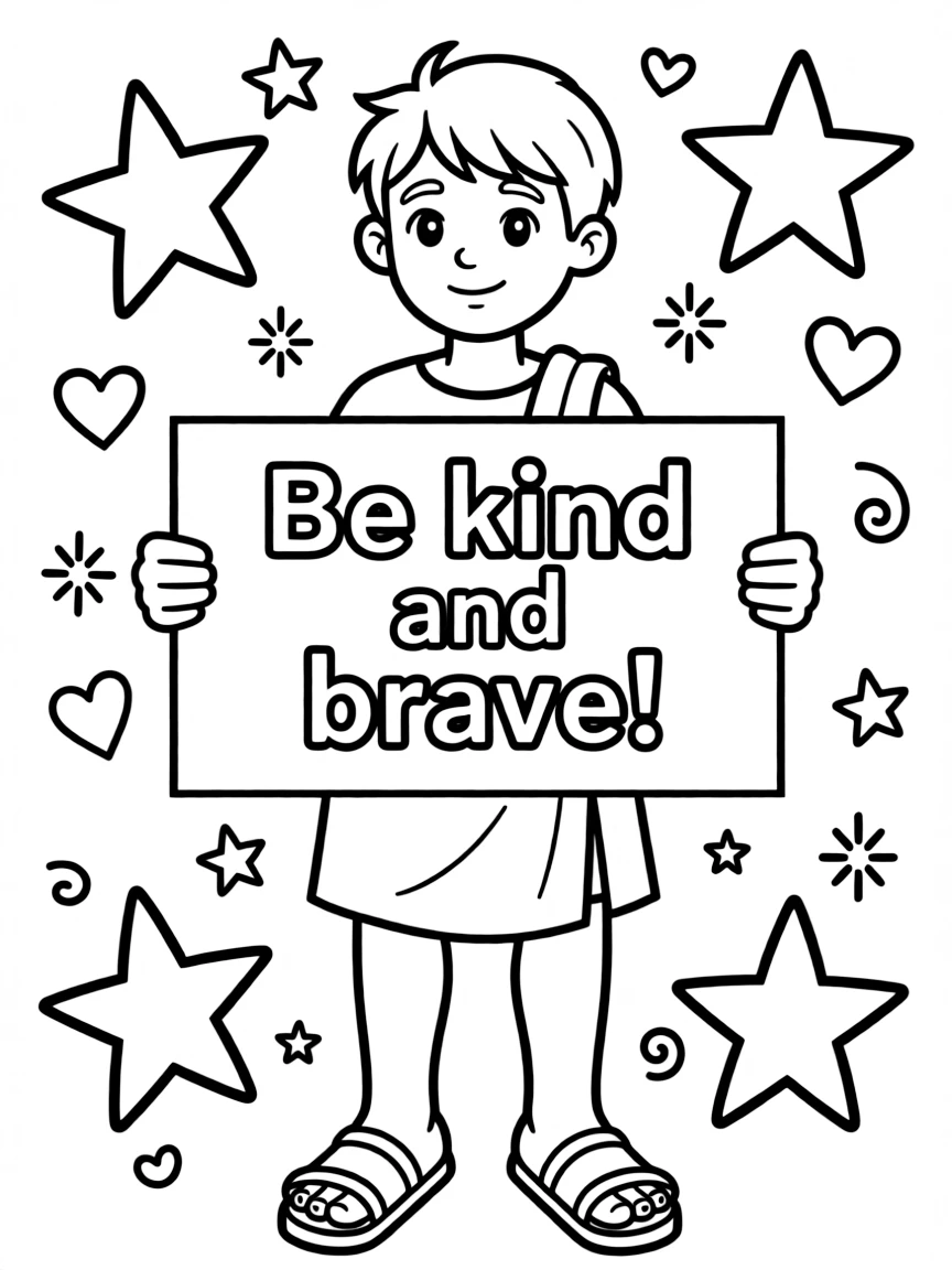 A cute coloring page of Aristotle holding a sign about kindness or bravery, with stars and doodles around.