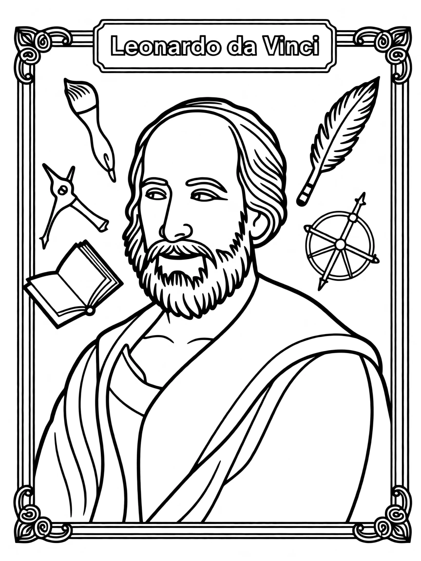 A portrait of Leonardo da Vinci with a big smile, framed with decorative borders and symbols of their time period.