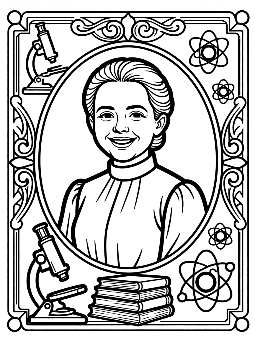 A portrait of Marie Curie with a big smile, framed with decorative borders and symbols of their time period.