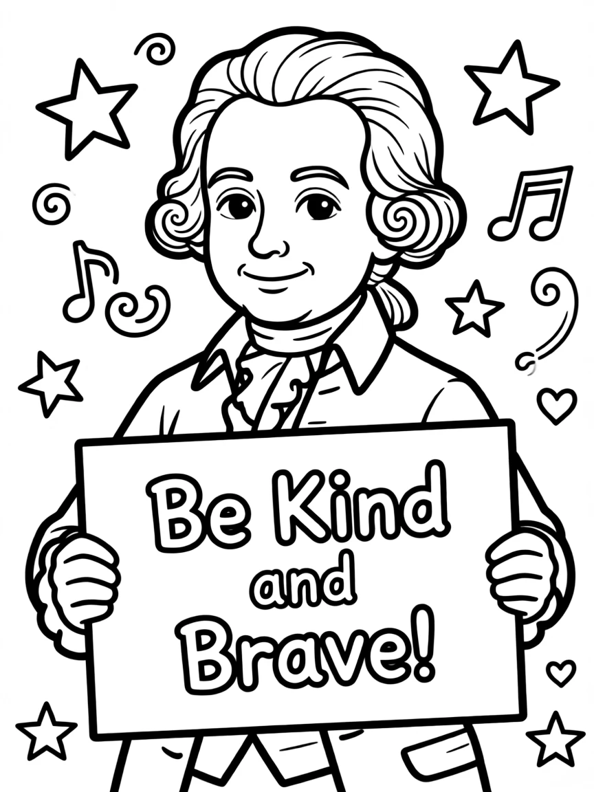 A cute coloring page of Mozart holding a sign about kindness or bravery, with stars and doodles around.