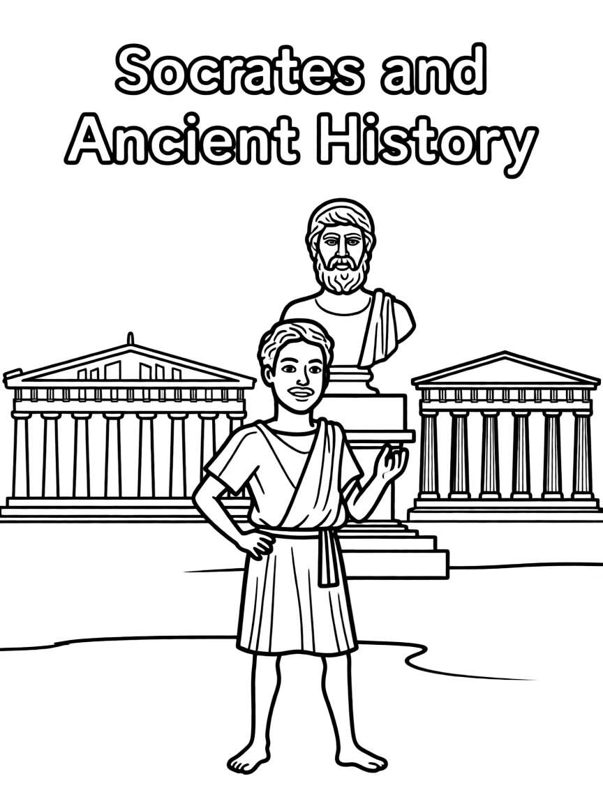 Socrates standing proudly with historical landmarks in the background.