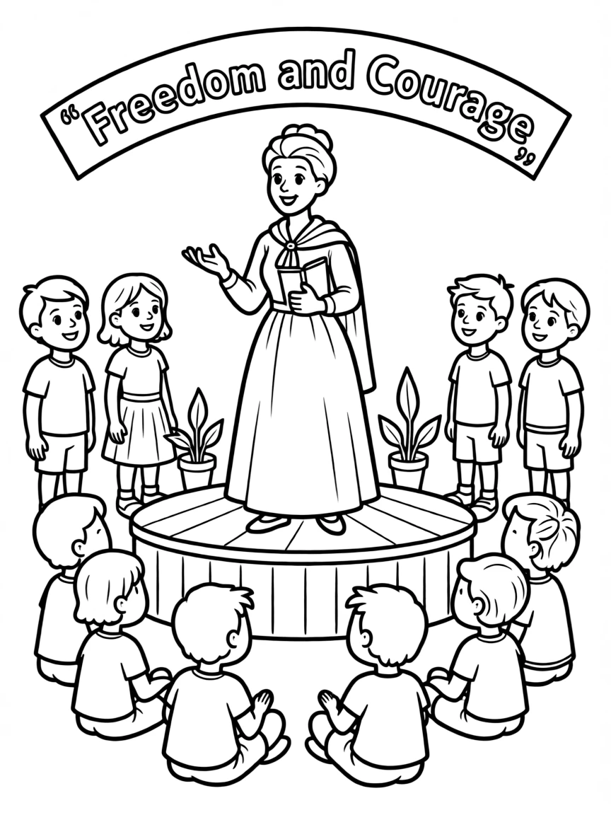 A fun coloring page of Harriet Tubman giving a speech to children.
