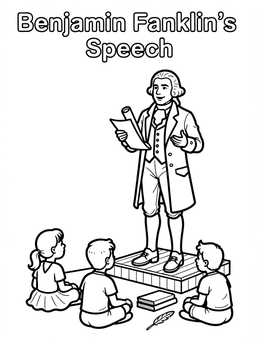 A fun coloring page of Benjamin Franklin giving a speech to children.
