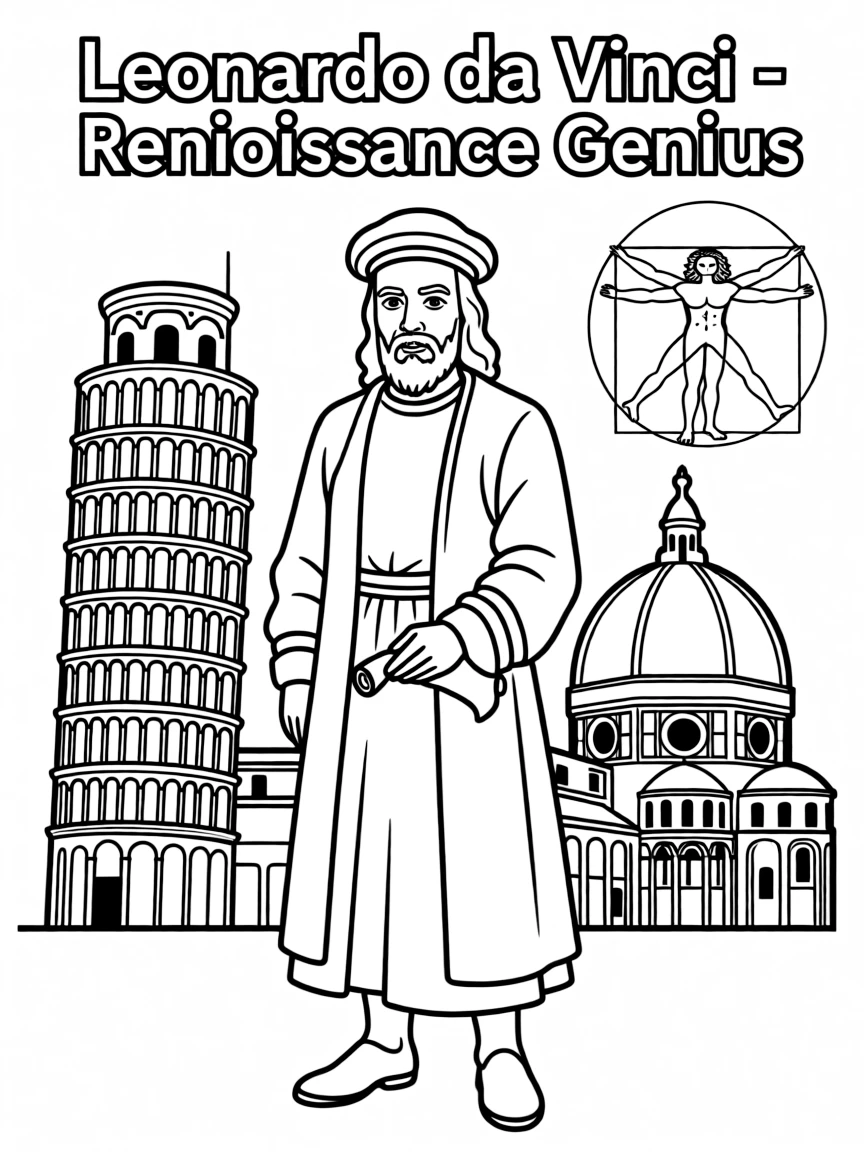 Leonardo da Vinci standing proudly with historical landmarks in the background.