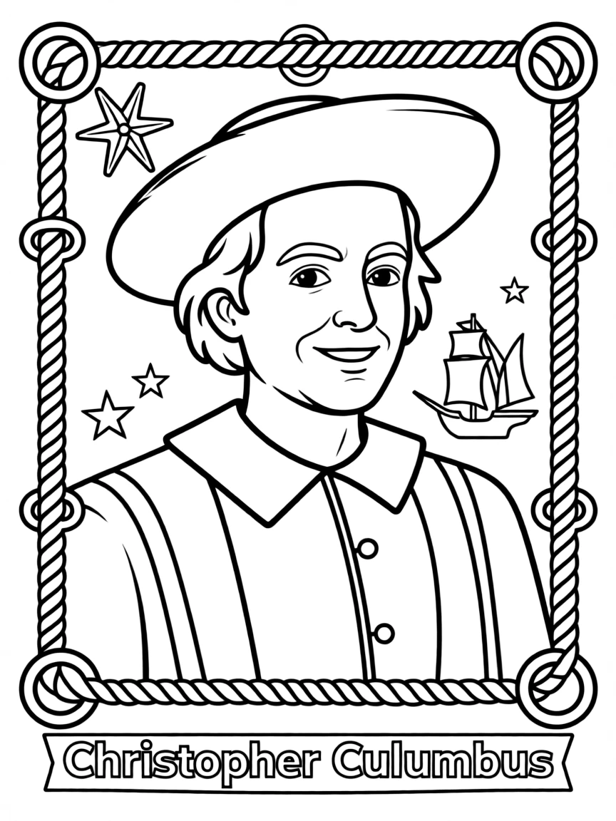 A portrait of Christopher Columbus with a big smile, framed with decorative borders and symbols of their time period.