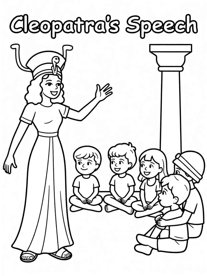 A fun coloring page of Cleopatra giving a speech to children.