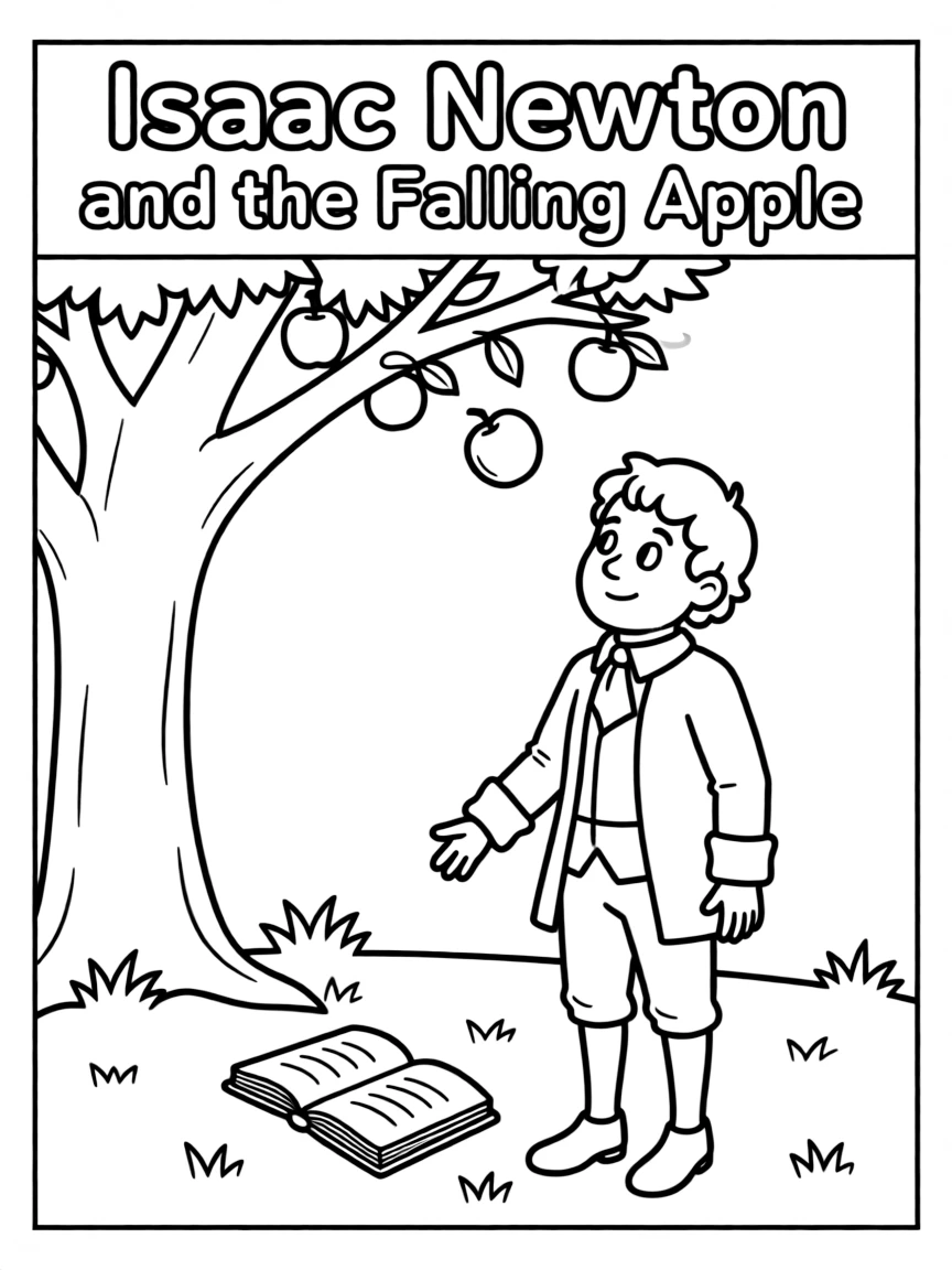 A cartoon-style drawing of Isaac Newton.