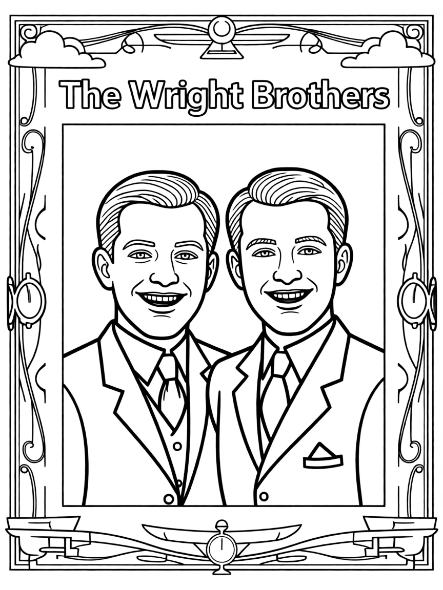A portrait of The Wright Brothers with a big smile, framed with decorative borders and symbols of their time period.