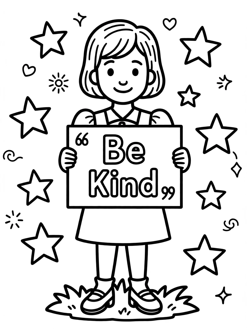 A cute coloring page of Helen Keller holding a sign about kindness or bravery, with stars and doodles around.
