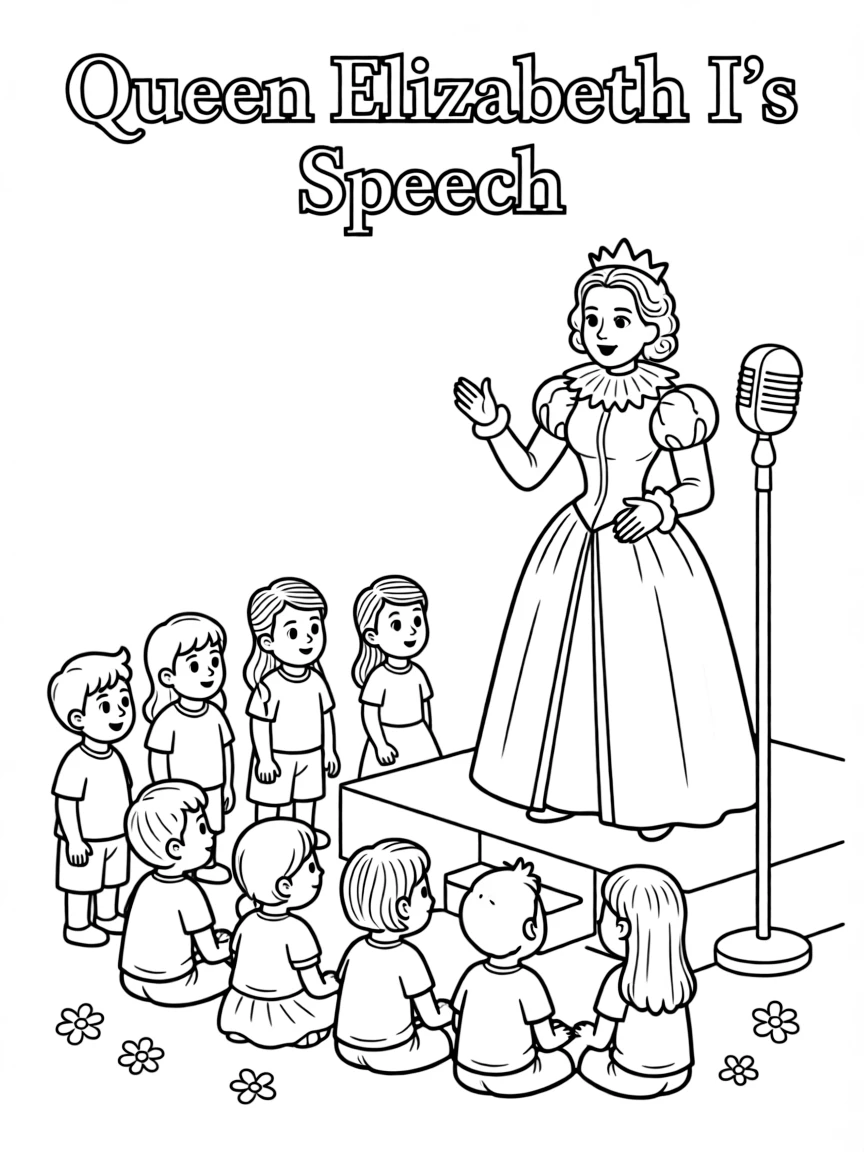 A fun coloring page of Queen Elizabeth I giving a speech to children.
