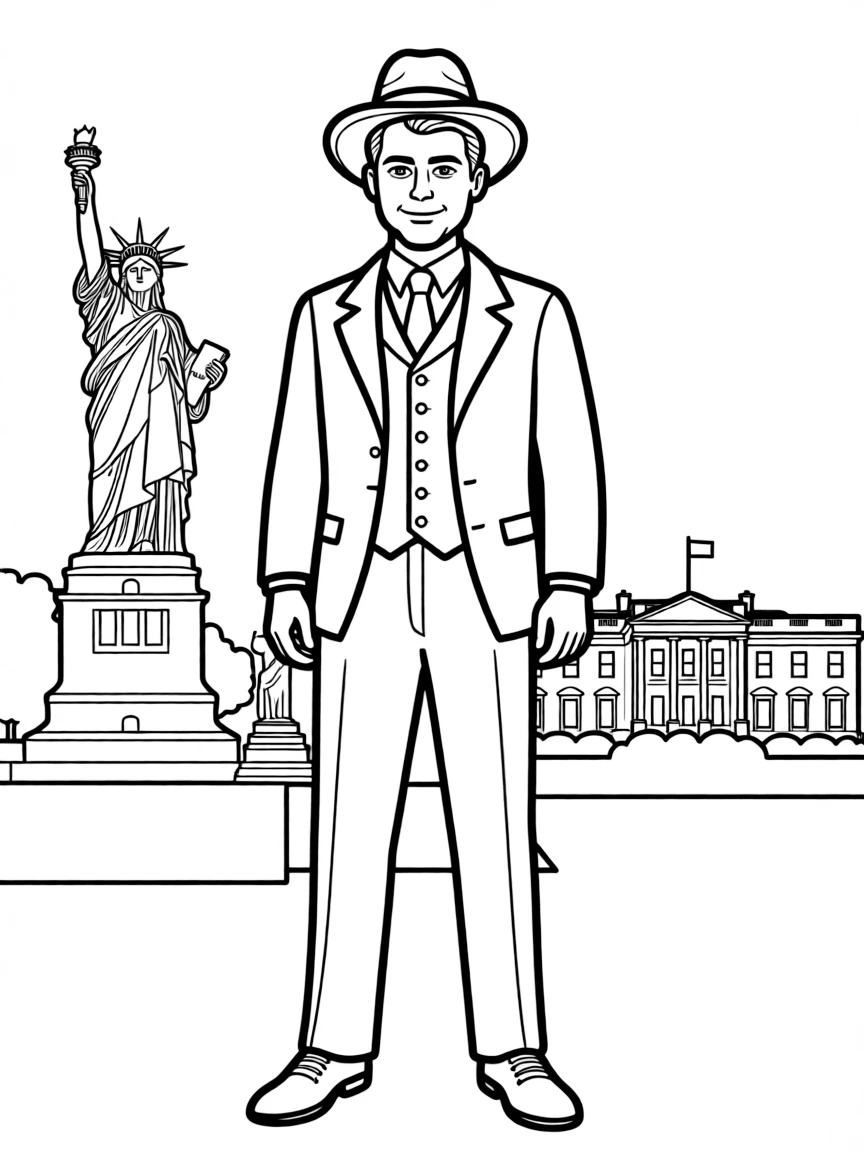 Theodore Roosevelt standing proudly with historical landmarks in the background.