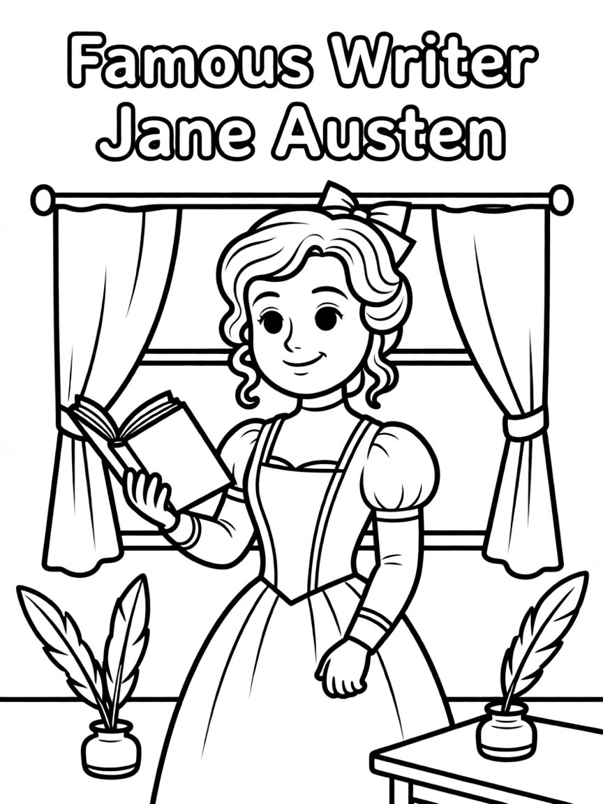 A cartoon-style drawing of Jane Austen.