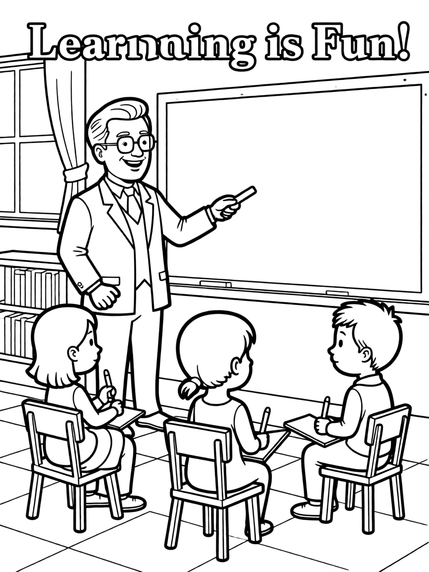 Thomas Edison teaching children, with educational items like chalkboards and pencils, in a friendly classroom scene.