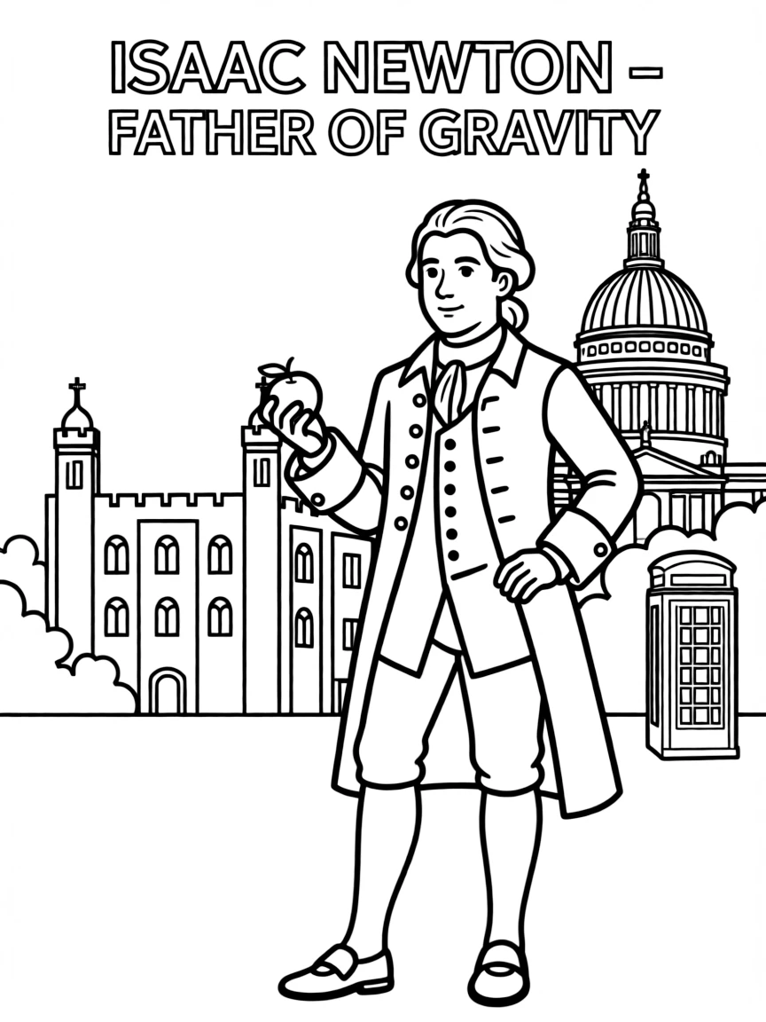 Isaac Newton standing proudly with historical landmarks in the background.