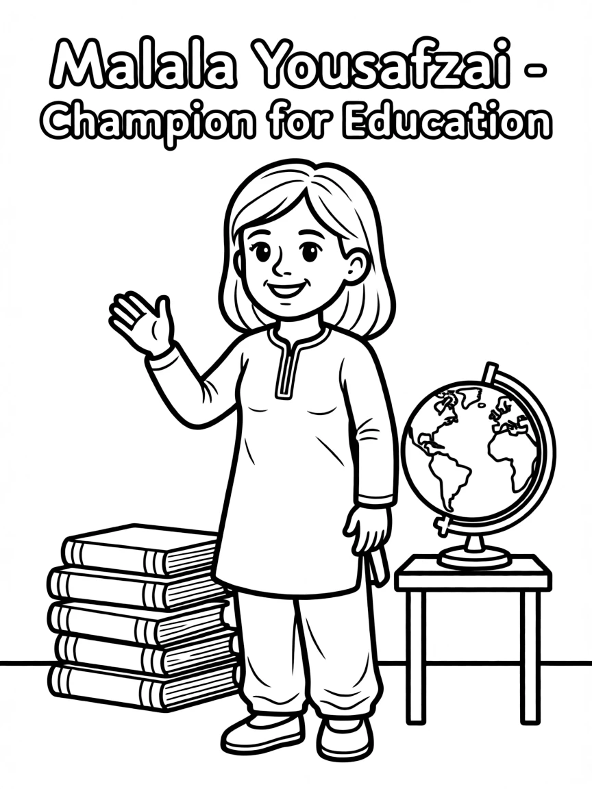 A cartoon-style drawing of Malala Yousafzai.