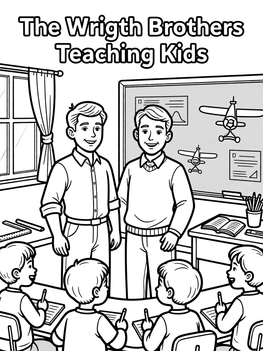 The Wright Brothers teaching children, with educational items like chalkboards and pencils, in a friendly classroom scene.