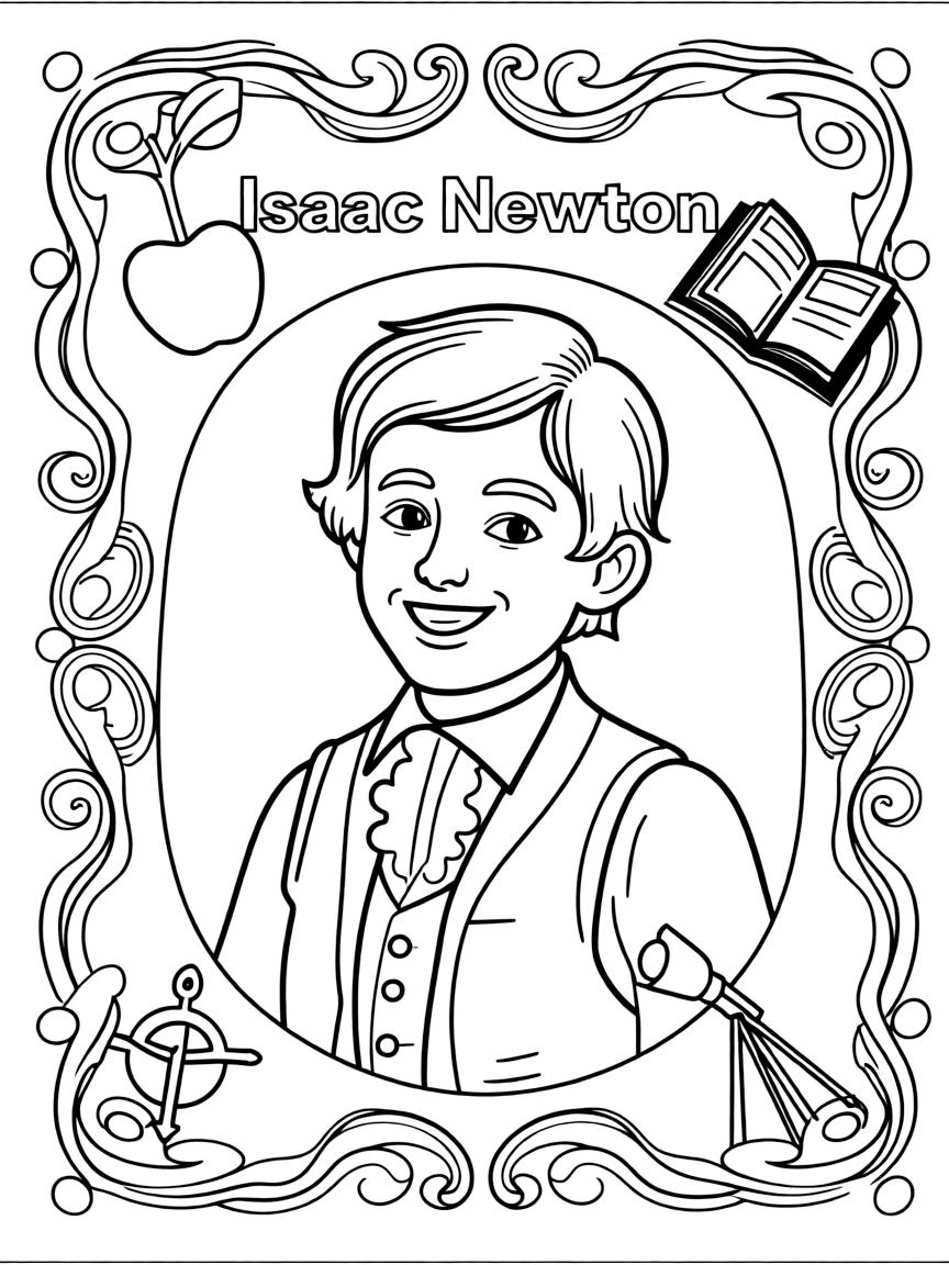 A portrait of Isaac Newton with a big smile, framed with decorative borders and symbols of their time period.